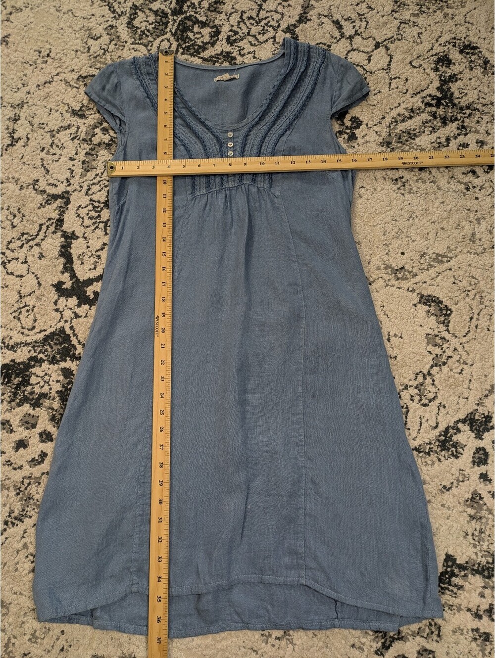 Lina Tomei Made in Italy Blue Linen Pintuck Beaded Cap Sleeve Tunic Dress Small - Picture 4 of 6
